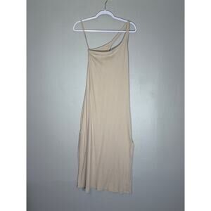 Aerie Asymmetric One Shoulder Ribbed Midi Dress M Tan Beige Side Slit Minimalist